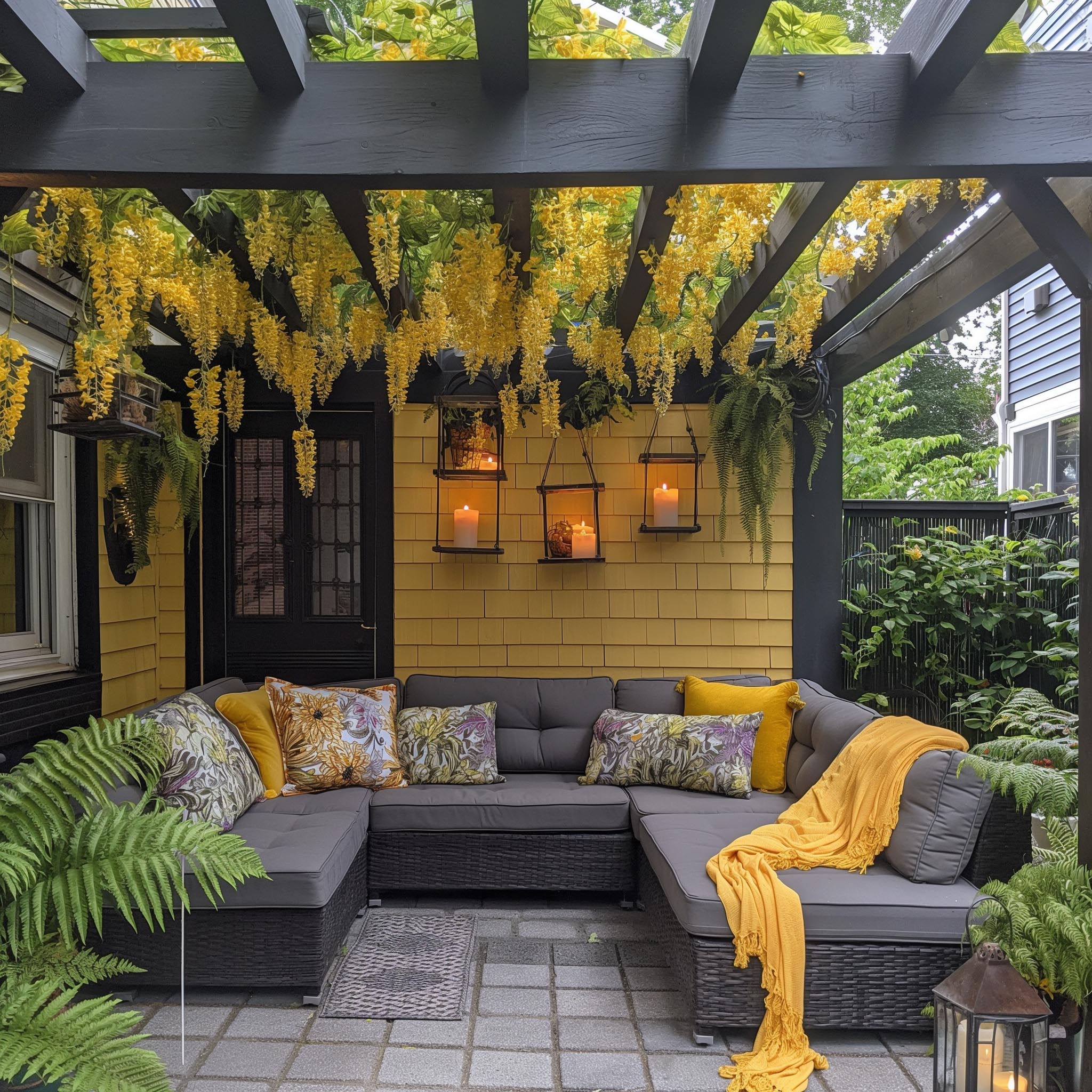 ai-generator-image-living-room-decorated-with-yellow-wisteria-trees-flower-trees-gold-shower